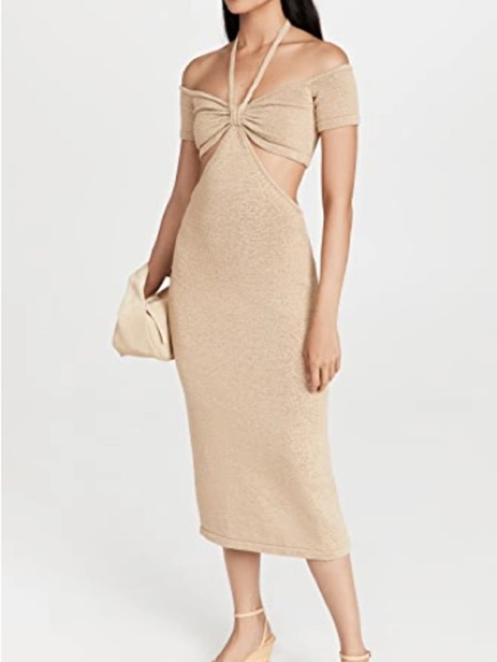 cult gaia Beige Off-Shoulder Knot Front Cutout Midi Dress